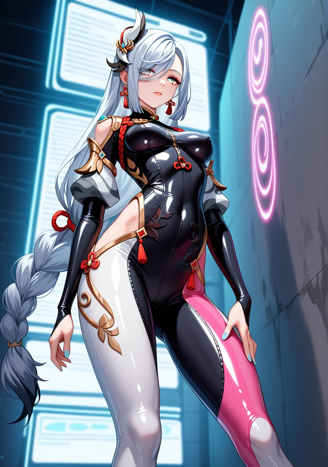 Highest quality, Highest quality, High quality illustrations, masterpiece, Ultra-high resolution, Detailed Background, Absurd, Perfect Anatomy, performance, Good lighting, Shadows in the movies, 1 girl, solo, Shenhe, Genshin impact, alternate costume, Long HAIR, white HAIR, original HAIR style, silver EYES, medium breasts, alternate costume, Pink Rubber Suit, latex, neon, neonライト, neonカラー, Bodysuits, Cyber Suit, Mech Suit, cyber punk, Put your hands on the wall, Dynamic Angle, bewitching thighs, gleaming, shiny, shiny skin, shiny outfit, two beautiful legs