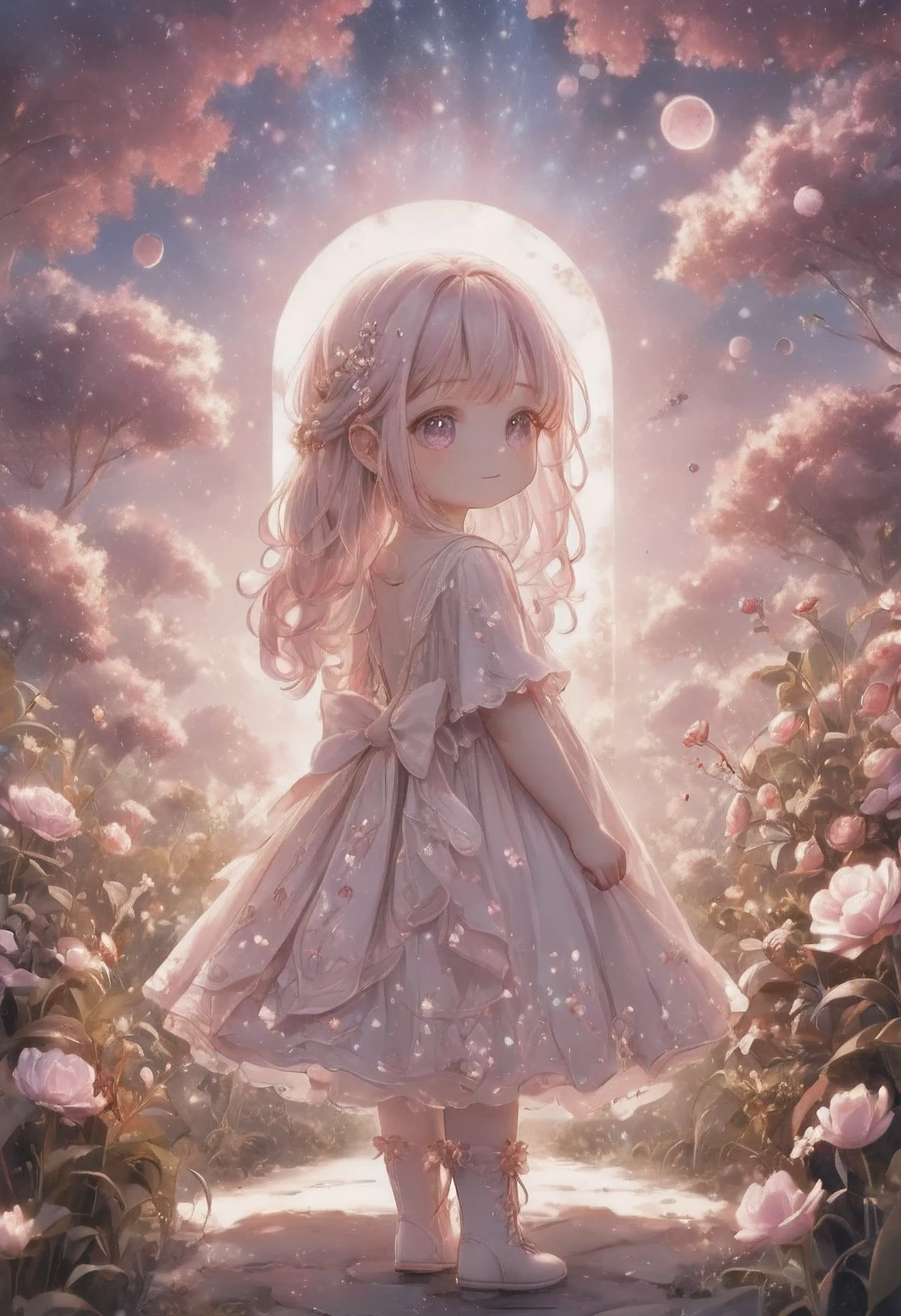 masterpiece, best quality, ultra-detailed, minimal object, chibi, Low Fidelity (lofi) art style, pastel pink and purple tones. A chibi gardener gently plucks glowing stars from a small garden, where the plants are growing miniature galaxies and constellations. The stars twinkle softly as they are carefully gathered into a small basket. The garden is minimal, with soft, glowing plants and tiny orbs of light floating above the soil. A small chibi figure stands at the edge of the garden, their back to the viewer, watching the gardener quietly tend to the cosmic plants. The scene is peaceful and surreal, blending the quiet, calming work of gardening with the vastness of space.