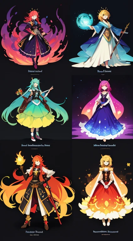 A digital illustration featuring four colorful fantasy character designs, each with distinct outfits and magical accessories. The top left character has blonde hair, a staff, and a playful creature. The top right character has long red hair and ethereal blue accents. The bottom left character features long hair and a flowing robe with glowing details, while the bottom right character has short hair, a playful outfit, and is holding a unique weapon. The background is a simple gradient, highlighting the characters.
