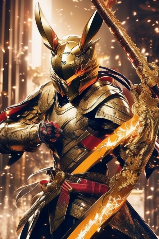 A fire samurai rabbit warrior, wearing a golden armor, with a red cloak, never showing the face, with two katanas