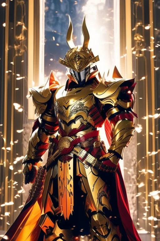 A fire samurai rabbit warrior, wearing a golden armor, with a red cloak, never showing the face, with two katanas