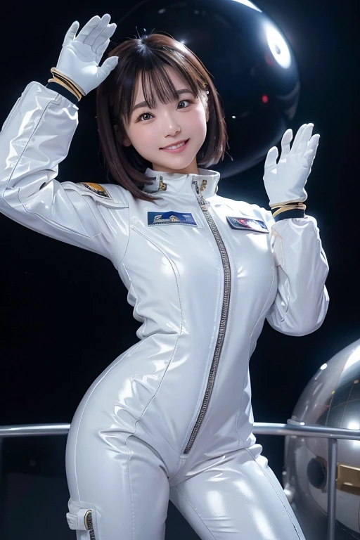  outer space 、Space Suit、Plump beauty、 Open the front zipper in half、Shiny Material 、 masterpiece、High definition high image quality 、 photo-like realism、4K resolution、Inside the spaceship、ピチピチなSpace Suit、latex、 White Glove、 boots、smile、Stand and salute、SF