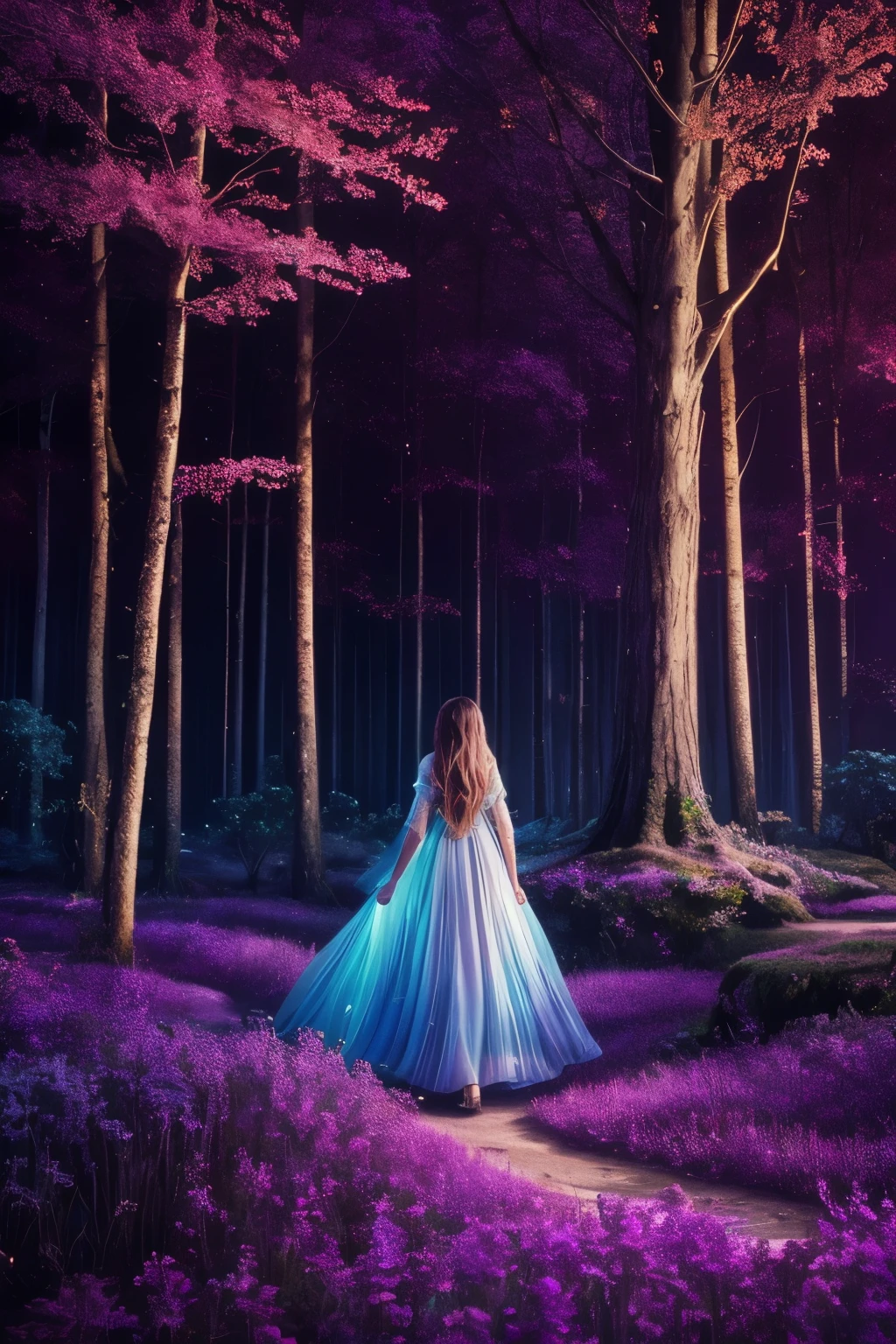 A dreamlike fantasy landscape, a surreal forest with glowing mushrooms, floating islands, and a whimsical castle in the distance, 1girl, detailed face, beautiful eyes, long hair, detailed dress, walking through the mystical scenery, (best quality,4k,8k,highres,masterpiece:1.2),ultra-detailed,(realistic,photorealistic,photo-realistic:1.37),fantasy,surreal,dreamscape,magical,ethereal,glowing,vibrant colors,dramatic lighting