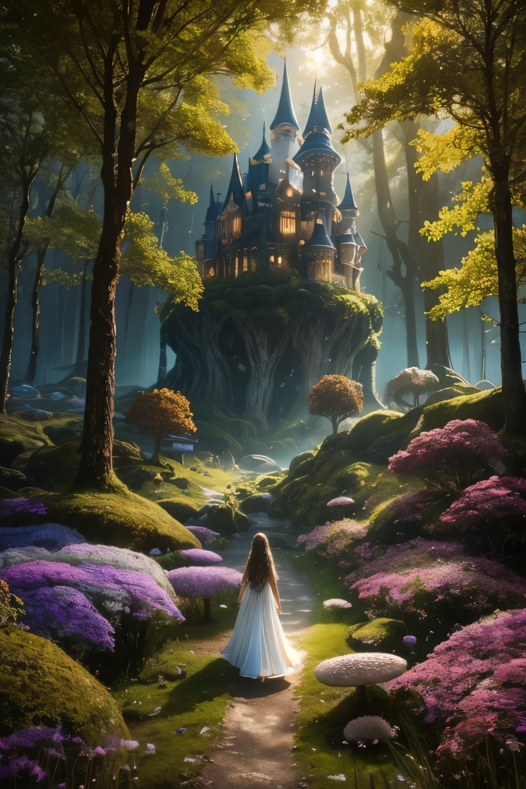 A dreamlike fantasy landscape, a surreal forest with glowing mushrooms, floating islands, and a whimsical castle in the distance, 1girl, detailed face, beautiful eyes, long hair, detailed dress, walking through the mystical scenery, (best quality,4k,8k,highres,masterpiece:1.2),ultra-detailed,(realistic,photorealistic,photo-realistic:1.37),fantasy,surreal,dreamscape,magical,ethereal,glowing,vibrant colors,dramatic lighting