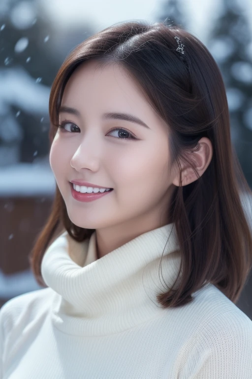  1 girl,( wearing a turtleneck sweater),(Winter jackets),( RAW Photos, Best Quality), (Realistic, photo-Realistic:1.4), masterpiece,  very delicate and beautiful,  extremely detailed, 2k wallpaper, wonderful, Detailed ,  extremely detailed CG unity 8k wallpaper, Super detailed,  high definition, Soft light,  beautiful detailed girl ,  extremely detailed eyes and face,   beautiful detailed nose ,  beautiful detailed eyes,  cinematic lighting,Snow Scene,fireplace,  snowy mountains, COMPLETE ANATOMY,Slender body,smile  