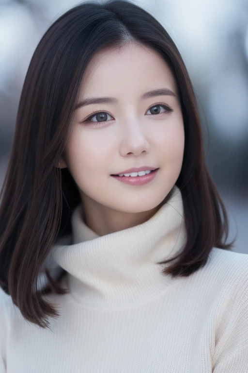  1 girl,( wearing a turtleneck sweater),(Winter jackets),( RAW Photos, Best Quality), (Realistic, photo-Realistic:1.4), masterpiece,  very delicate and beautiful,  extremely detailed, 2k wallpaper, wonderful, Detailed ,  extremely detailed CG unity 8k wallpaper, Super detailed,  high definition, Soft light,  beautiful detailed girl ,  extremely detailed eyes and face,   beautiful detailed nose ,  beautiful detailed eyes,  cinematic lighting,Snow Scene,fireplace,  snowy mountains, COMPLETE ANATOMY,Slender body,smile  