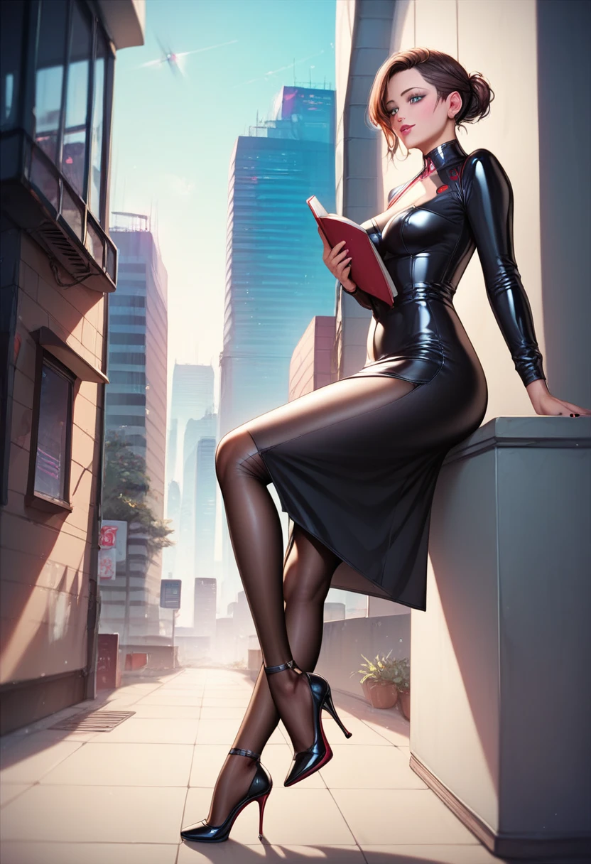 (Photorealism:1.2) woman, brunette, square hairstyle, Long legs, Beauty, dressed in a black latex suit, bare chest, gray eyes color, cyberpunk background, On high heels, full height of a girl, inside an industrial building, красные туфли On high heels, aggressive posture