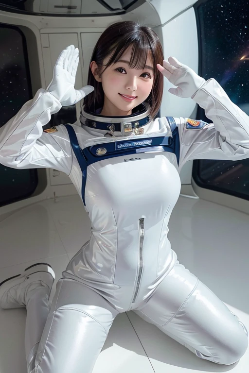  outer space 、Space Suit、Plump Beautiful Wife、Shiny Material 、 masterpiece、High definition high image quality 、 photo-like realism、4K resolution、Inside the spaceship、ピチピチなSpace Suit、latex、 White Glove、 boots、smile、Stand and salute、SF