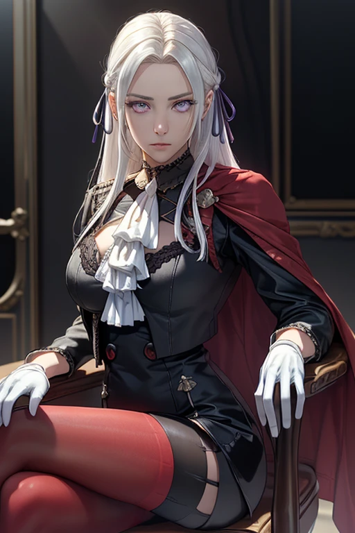 (ultra realistic,32k, masterpiece:1.2),(high detailed skin:1.1),( 8k uhd, dslr, high quality:1.1),
 edelgard von hresvelg, 1girl, white hair, (purple eyes:0.9), long hair, hair ribbon, black dress, black jacket, black shorts, red cape, red pantyhose, white gloves, ascot, , medium breast, lingerie black 
(looking at viewer, sitting, crossed legs:1.1),,
,(tenebrism:1.1), blank background