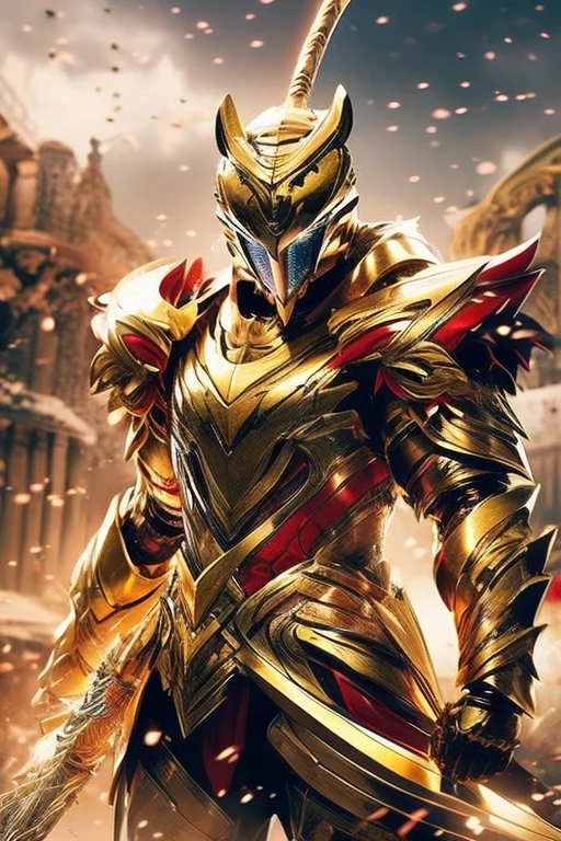 A water samurai Tiger warrior, wearing a golden armor, with a red cloak, showing the face, with two Spears