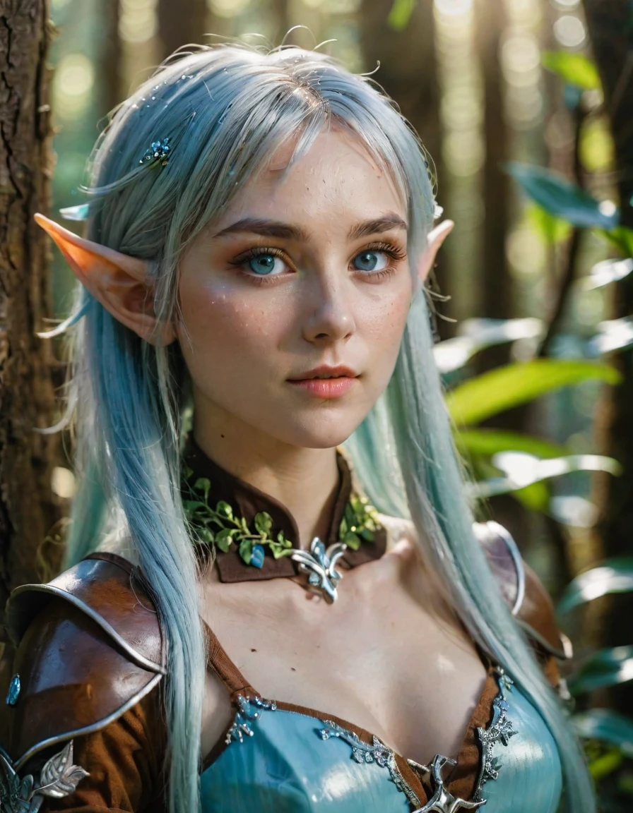 work of art, gentleman ,elfo, (Larimar Lily 1.0), glare eyes, silver hair, broadshouldered, strong bodie, pale skin with high details and light freckles, high detail wood elf armor, out, (texture skin:1.1), best qualityer, ultra high resolution, CRU photo, Nikon D850, contra-luz, rim-light, bright sunlight, Film grain:1.2, (warm toned, warm toned:1.2), (colorful photo), indoor highly detailed fantasy magical forest background,rvst, girl, raw photo, 8k, blacklight