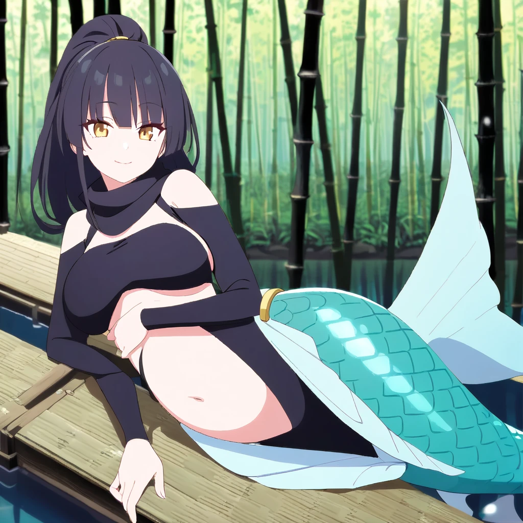 Anime full body mermaid girl beautiful, Mermaids wear black ninja clothes, white mermaid tail below waistline, belly, long black hair, yellow eyes, bamboo forest japan, sit on side lake, looking at viewer, large breasts, smile, hands on hips, 