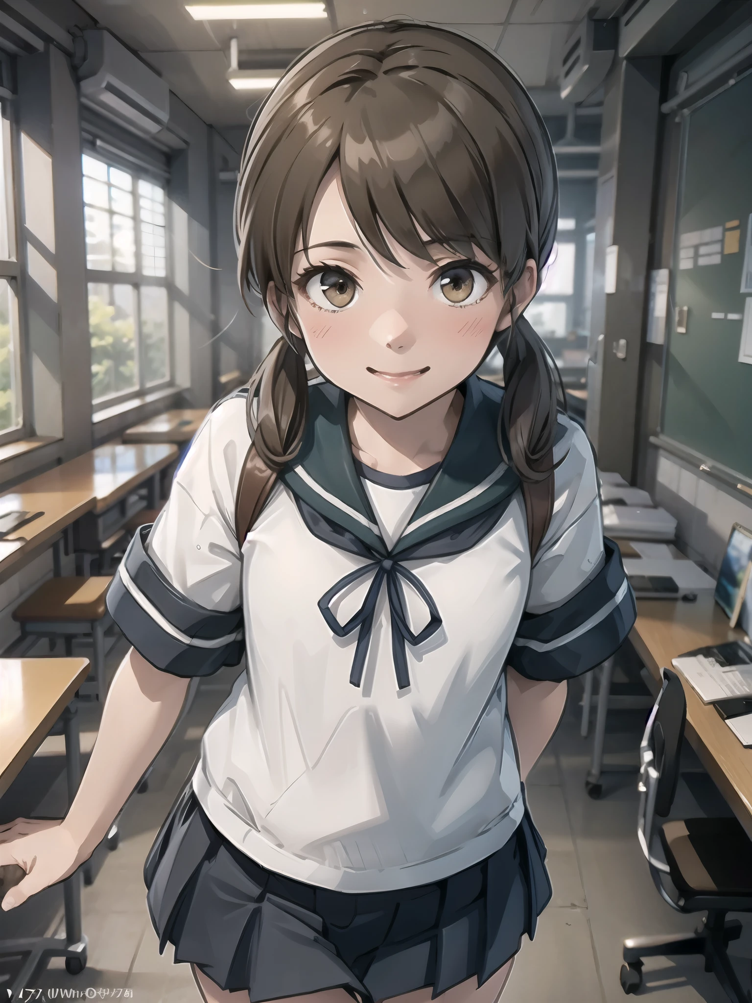 shirayukiKC, low twintails, short twintails, (masterpiece, Best Quality:1.2),shape,8k, high definition, one girl playing pranks,Alone,White Sailor Suit, Short sleeve, smile, School_uniform,Pleats_skirt, (  Closeup Shots ), Slender body, Best Quality,  very detailed, masterpiece, 超 high definition, 8k,  Classroom Background , School