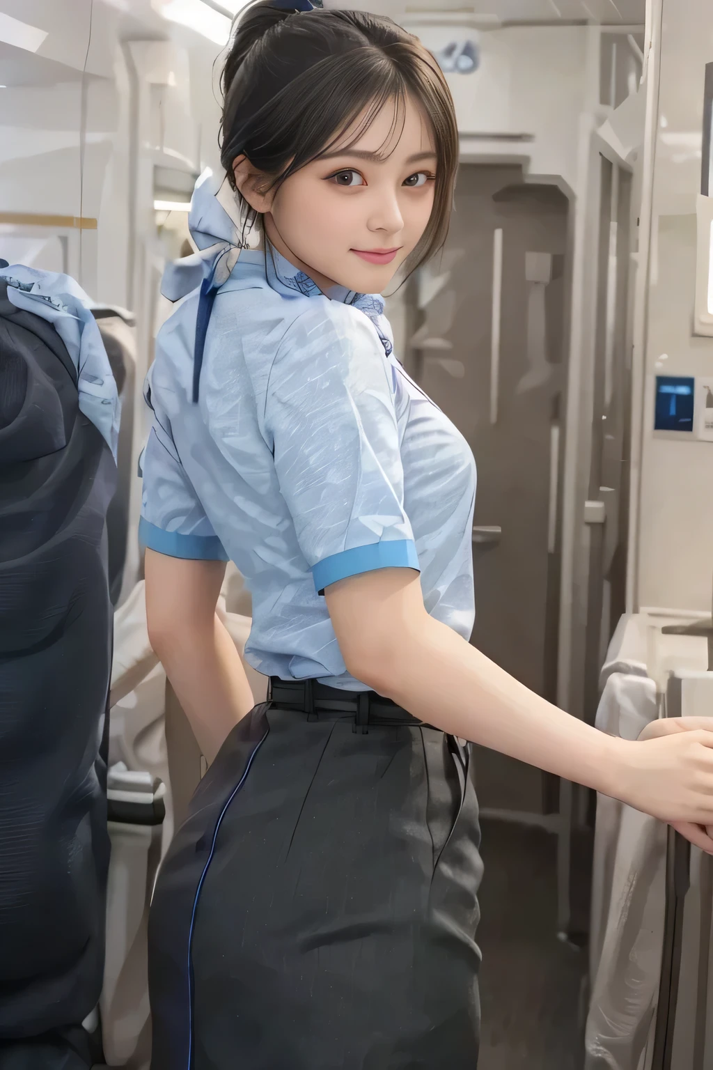 (masterpiece:1.2, Best Quality:1.2), 32kHDR,  high definition, (Alone、 1 girl)、（Rooftop of a building during the day、 PROFESSIONAL LIGHTING）、With the roof of the building in the background 、（ANA flight attendant uniform blueを着たリアルスタイル）、（（ANA flight attendant uniform blue blue short sleeve blouse  、 ANA FLIGHT ATTACENT UNIFORM BLUE SKIRT WITH A BLUE LINE IN THE BACK、 scarf around the neck ））、 Dark brown hair 、（Long Hair、Hair tied up、Hair tied up）、 Dark brown hair 、Long Hit、Big Breasts、Thin legs、（（Great hands：2.0）），（（ Harmonious Body Proportions ：1.5）），（（Normal limbs：2.0）），（（Usually refers to：2.0）），（（ Delicate Eyes：2.0）），（（Normal eyes：2.0））)、smile、（ANA flight attendant uniform blueを見せた美しい後ろ姿）、Hands clasped underneath