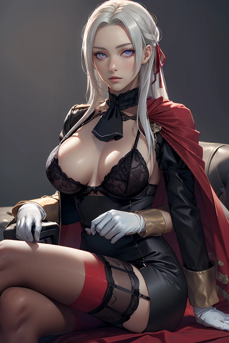  (ultra realistic,32k, masterpiece:1.2),(high detailed skin:1.1),( 8k uhd, dslr, high quality:1.1),
 edelgard von hresvelg, 1girl, white hair, (purple eyes:0.9), long hair, hair ribbon, black dress, black jacket, black shorts, red cape, red pantyhose, white gloves, ascot, , medium breast, (((Lingerie black))) NSFW 
(looking at viewer, sitting, crossed legs:1.1),,
,(tenebrism:1.1), blank background