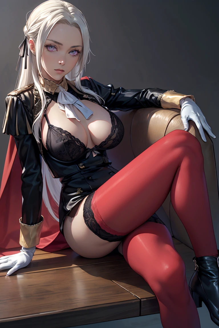  (ultra realistic,32k, masterpiece:1.2),(high detailed skin:1.1),( 8k uhd, dslr, high quality:1.1),
 edelgard von hresvelg, 1girl, white hair, (purple eyes:0.9), long hair, hair ribbon, black dress, black jacket, black shorts, red cape, red pantyhose, white gloves, ascot, , medium breast, (((Lingerie black))) NSFW 
(looking at viewer, sitting, crossed legs:1.1),,
,(tenebrism:1.1), blank background