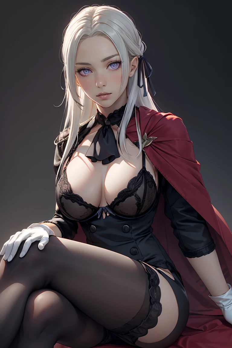  (ultra realistic,32k, masterpiece:1.2),(high detailed skin:1.1),( 8k uhd, dslr, high quality:1.1),
 edelgard von hresvelg, 1girl, white hair, (purple eyes:0.9), long hair, hair ribbon, black dress, black jacket, black shorts, red cape, red pantyhose, white gloves, ascot, , medium breast, (((Lingerie black))) NSFW 
(looking at viewer, sitting, crossed legs:1.1),,
,(tenebrism:1.1), blank background