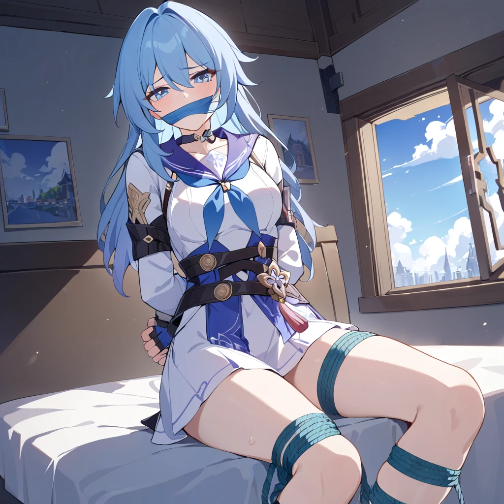 masterpiece, best quality, solo, 1girl, robin_(honkai:_star_rail), blue hair, cape, white dress, long sleeves, cuffs, white scarf, fingerless gloves, belt, looking at viewer, furrowed brow, sailor collar, upper body, blue sky, clouds, hands back rope bondage, leg rope bondage, thigh rope bondage, bust rope bondage, feet rope bondage, ((Hands behind the back)), ((Wrists tied behind back)), ((Ankle binding)), gag, otm gag, gagged, sitting on bed, indoor, window, upper body, sad,
