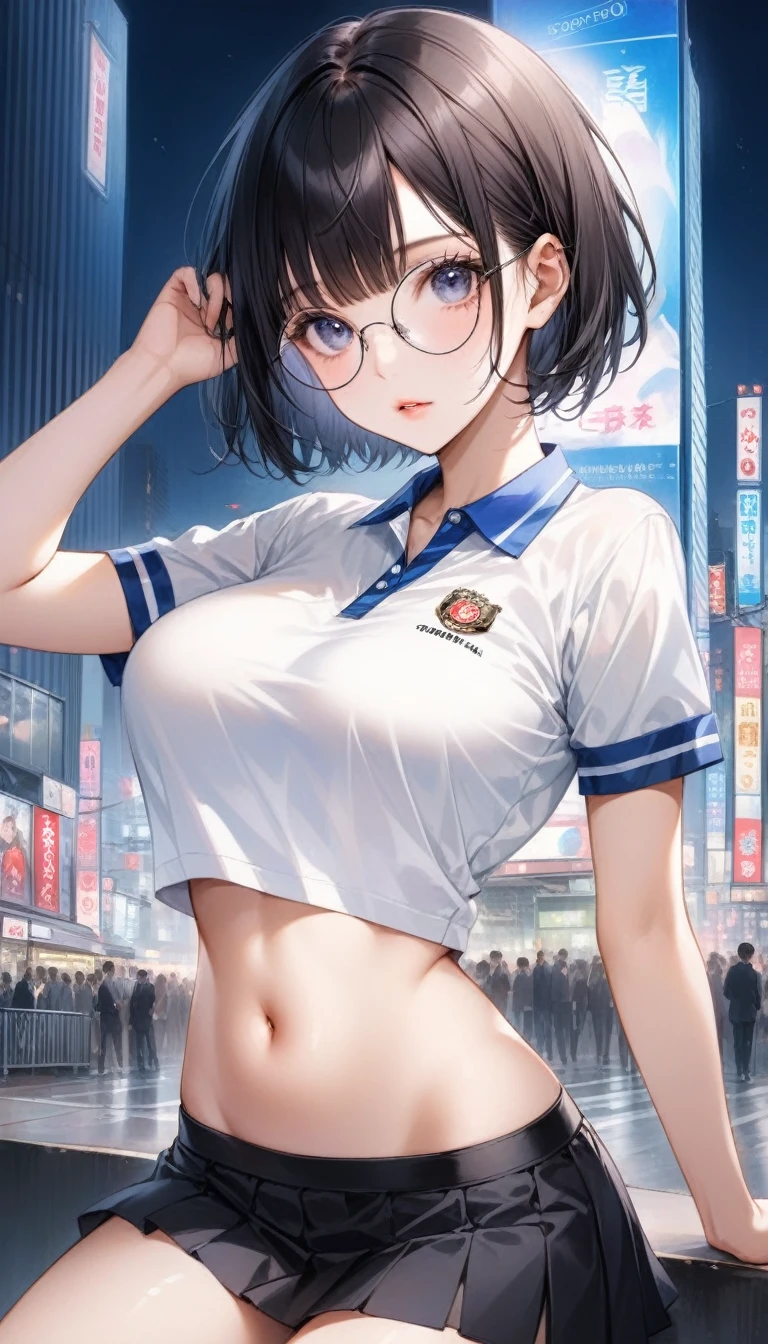 score_9, score_8_Excellent, score_7_Excellent, Realistic:1.2, realistic face and eyes:1.3, Realistic skin:1.3, Japanese idol photos, Beautiful young idol, 1, Perfect model body shape., tomboy, (very short hair, pixie cut, Black Hair), circle-glasses, (((Captivating beauty))), big eyes, double eyelid, Attractive eyes, Glossy Lips, perfect female body, Big Breasts:1.8, Cleavage, Firm stomach, (((belly button))), Round ass:1.4, Toned thighs, Beautiful hands and feet, very good, Polo shirt, Mini skirt, Seductive pose, Tokyo, Skyscraper Background, Attention to detail, Anatomically correct, Textured skin, high quality