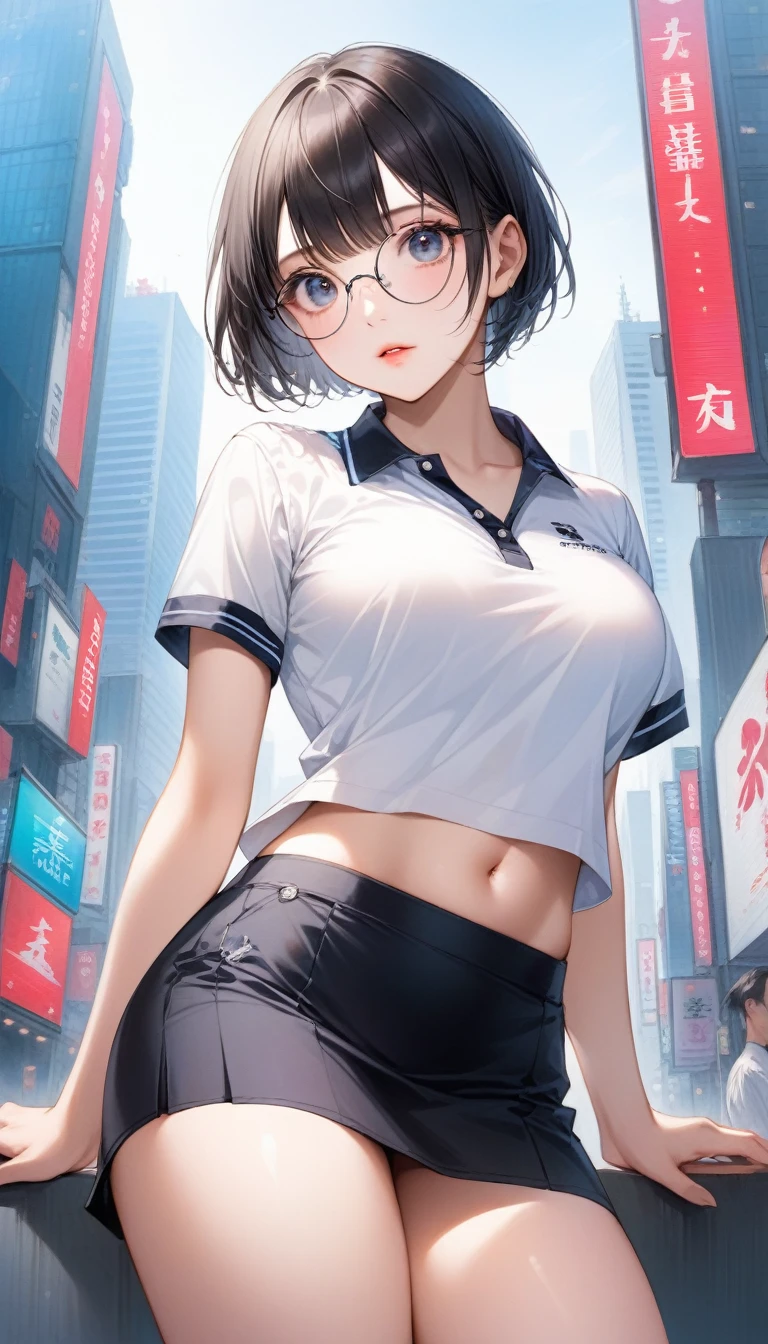 score_9, score_8_Excellent, score_7_Excellent, Realistic:1.2, realistic face and eyes:1.3, Realistic skin:1.3, Japanese idol photos, Beautiful young idol, 1, Perfect model body shape., tomboy, (very short hair, pixie cut, Black Hair), circle-glasses, (((Captivating beauty))), big eyes, double eyelid, Attractive eyes, Glossy Lips, perfect female body, Big Breasts:1.8, Cleavage, Firm stomach, (((belly button))), Round ass:1.4, Toned thighs, Beautiful hands and feet, very good, Polo shirt, Mini skirt, Seductive pose, Tokyo, Skyscraper Background, Attention to detail, Anatomically correct, Textured skin, high quality