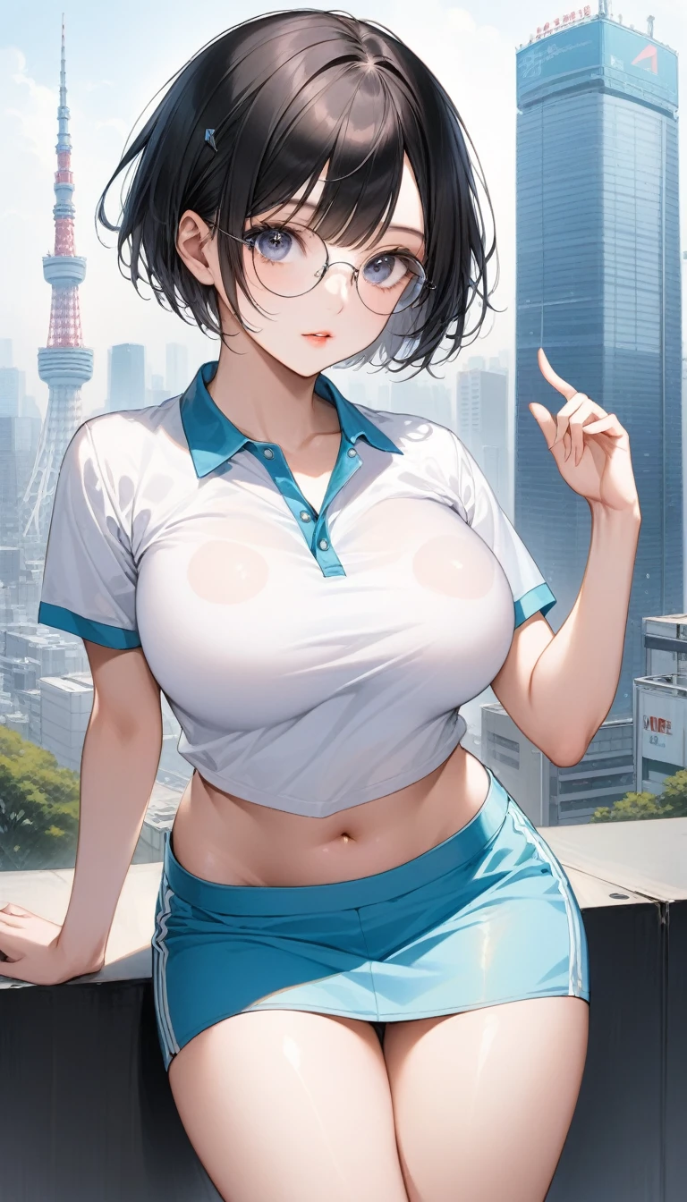 score_9, score_8_Excellent, score_7_Excellent, Realistic:1.2, realistic face and eyes:1.3, Realistic skin:1.3, Japanese idol photos, Beautiful young idol, 1, Perfect model body shape., tomboy, (very short hair, pixie cut, Black Hair), circle-glasses, (((Captivating beauty))), big eyes, double eyelid, Attractive eyes, Glossy Lips, perfect female body, Big Breasts:1.8, Cleavage, Firm stomach, (((belly button))), Round ass:1.4, Toned thighs, Beautiful hands and feet, very good, Polo shirt, Mini skirt, Seductive pose, Tokyo, Skyscraper Background, Attention to detail, Anatomically correct, Textured skin, high quality