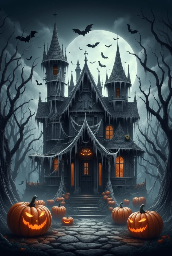  cute haunted house ,detailed,,pumpkin,bats flying,pumpkin de jack-o'-lantern brilhante,spider webs,take the key, dark and gloomy lighting ,mist, creepy atmosphere ,,Gothic,Horror,  Halloween,Illustration 