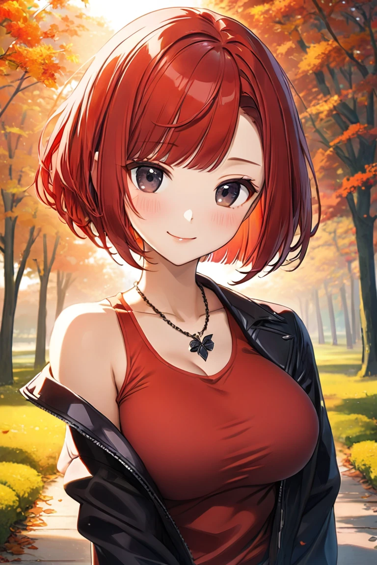 1 girl,(berry shortcut hair,red hair:2.0),forehead,red tanktop,black riders jacket,jeans,skull necklace,big black eyes,long eyelashes,Muscular、(F cup beautiful breasts)、25years old, (tall:1.2),height: 175cm,Sexy long legs,Fashion model body type,solo,smile、Shy、Shyness,Cool look,blush,Anime-style painting style,A composition that shows the upper body,front view,looking at viewer,cinematic lighting,Superfine,magnificent view、park、autumn,(morning:1.5)、(sexy) ,(closeup:1.5),dynamic angle