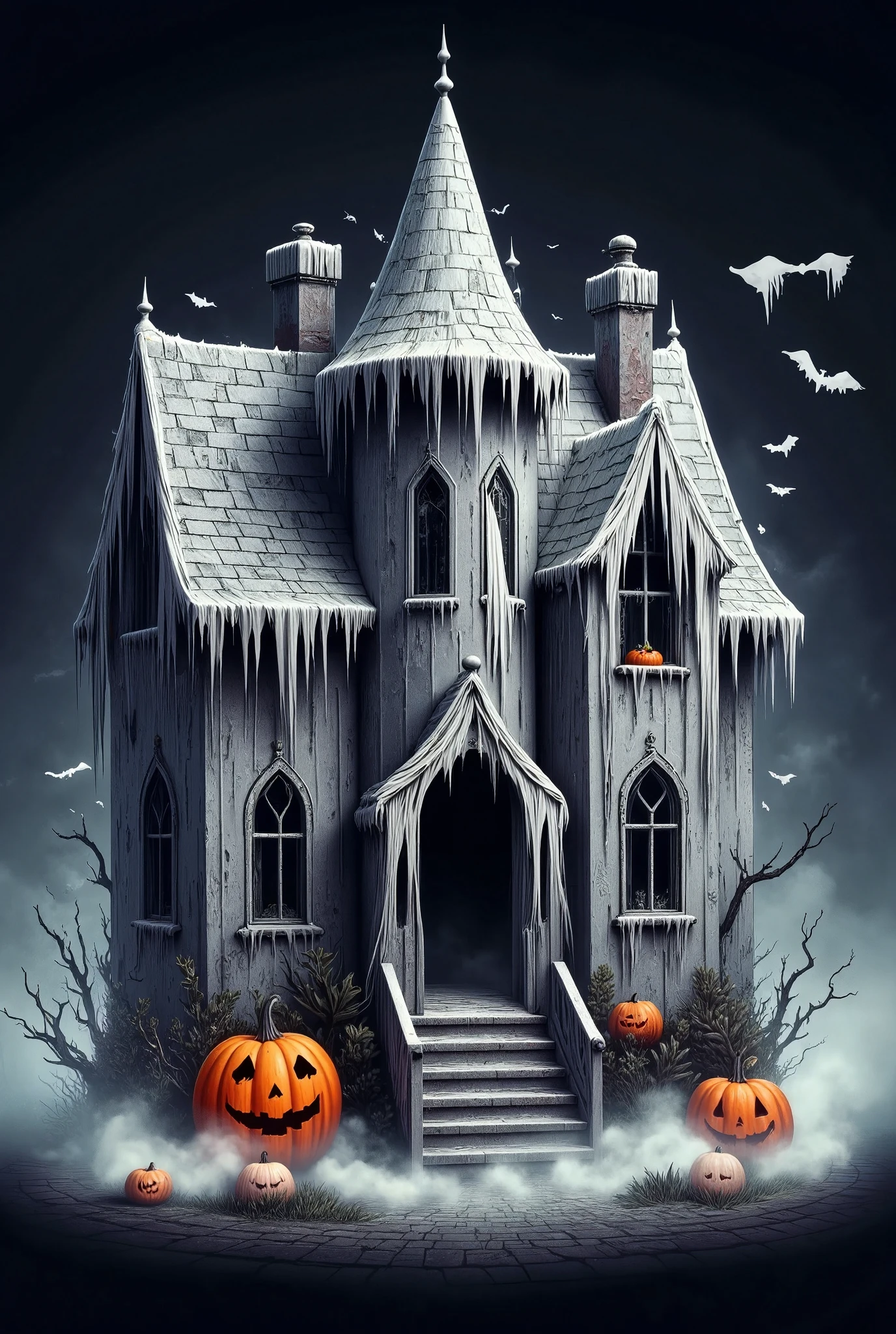  cute haunted house ,detailed,,pumpkin,bats flying,pumpkin de jack-o'-lantern brilhante,spider webs,take the key, dark and gloomy lighting ,mist, creepy atmosphere ,,Gothic,Horror,  Halloween,Illustration 