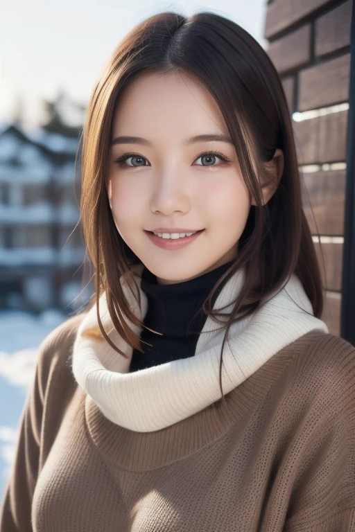  1 girl,( wearing a turtleneck sweater),(Winter jackets),( RAW Photos, Best Quality), (Realistic, photo-Realistic:1.4), masterpiece,  very delicate and beautiful,  extremely detailed, 2k wallpaper, wonderful, Detailed ,  extremely detailed CG unity 8k wallpaper, Super detailed,  high definition, Soft light,  beautiful girls with great attention to detail,  extremely detailed eyes and face,   beautiful detailed nose ,  beautiful detailed eyes,  cinematic lighting,Snow Scene,fireplace,  snowy mountains, COMPLETE ANATOMY,Slender body,smile  