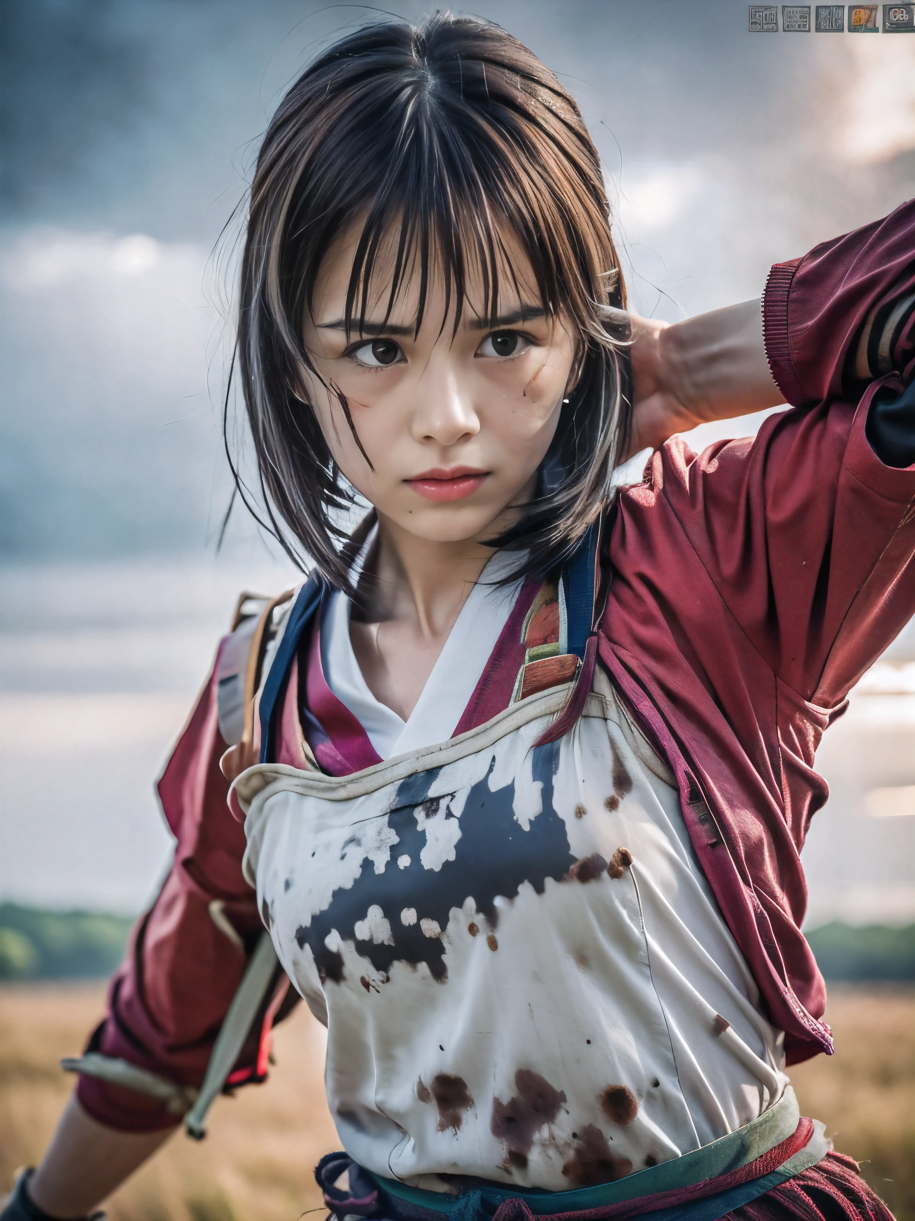 (Close up portrait of one slender small breasts round face brown short hair with bangs girl in a green colored dirty bloody samurai armor in Japan at raining:1.5)、(One girl makes fighting pose and hold Japanese traditional white blade sword on hand under the raining sky on the grassland in old Japan with crying dirty bloody face:1.5)、(Heavy raining dark sky:1.5)、(blurred background:1.5)、(Natural light:1.5)、(8k ultra detailed master piece:1.5)、(perfect anatomy:1.5)、(Photorealistic stick:1.5)、(Raw photo:1.3)、(highest quality:1.5)、(High resolution:1.3)、(Delicate and beautiful perfect face:1.3)、(Delicate and beautiful eye air skin:1.3)、(Real Human Skin:1.3)、((thin legs))