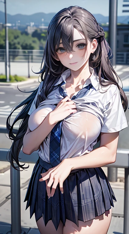 ((masterpiece,Highest quality:1.3,best illustration,realistic)),nsfw,cowboy shot,1woman、solo,27 year old Japanese beauty,((very small head:1.3)),center parted bangs,forehead,black hair,long hair,black eyes,gorgeous eyes,Black-rimmed glasses,shy,tears,medium breasts,((very long body:1.3)),((toned body,slender body,skinny)),(School uniform、Dark blue blazer jacket,Navy blue tie、Grey plaid pleated mini skirt),nipples,gleaming skin,sweat:1.2,on street,Tokyo、