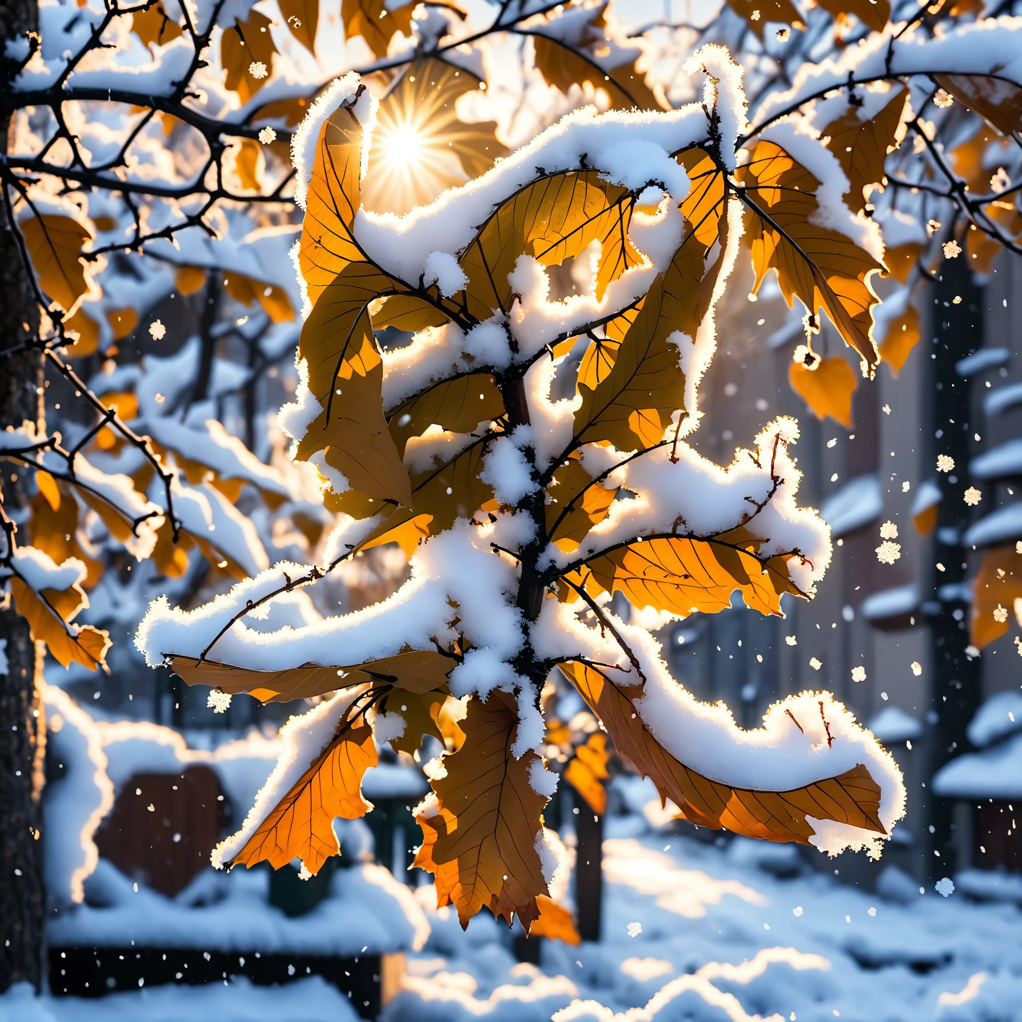 branch,Leaves,branches,snow,snowing,snowflakes,
4k,8k,fine detail,Ultra high resolution,best quality,HD,intricate detail,large file size,amazing,