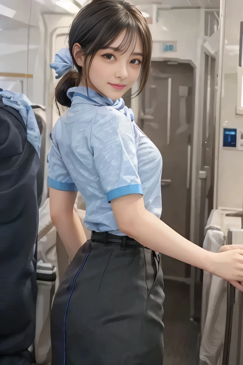 (masterpiece:1.2, Best Quality:1.2), 32kHDR,  high definition, (Alone、 1 girl)、（Rooftop of a building during the day、 PROFESSIONAL LIGHTING）、With the roof of the building in the background 、（ANA flight attendant uniform blueを着たリアルスタイル）、（（ANA flight attendant uniform blue blue short sleeve blouse  、 ANA FLIGHT ATTACENT UNIFORM BLUE SKIRT WITH A BLUE LINE IN THE BACK、 scarf around the neck ））、 Dark brown hair 、（Long Hair、Hair tied up、Hair tied up）、 Dark brown hair 、Long Hit、Big Breasts、Thin legs、（（Great hands：2.0）），（（ Harmonious Body Proportions ：1.5）），（（Normal limbs：2.0）），（（Usually refers to：2.0）），（（ Delicate Eyes：2.0）），（（Normal eyes：2.0））)、smile、（ANA flight attendant uniform blueを見せた美しい後ろ姿）、Hands clasped underneath