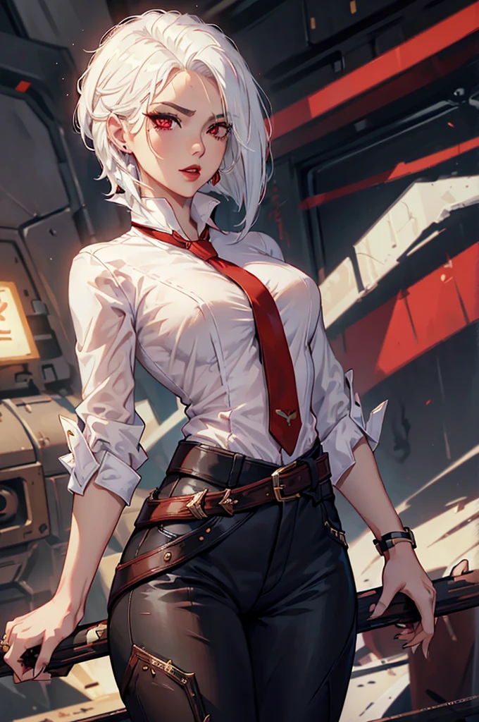 (masterpiece, best quality:1.2), expressive eyes, perfect face, highres, 1girl, solo, AsheOver, mole, earrings, red eyes, white hair,  medium hair, jewelry, makeup, lipstick, necktie, red necktie, thigh strap, black gloves, belt, stud earrings, red lips, shirt, pants, lips, eyeshadow, standing, upper body, looking at the viewer