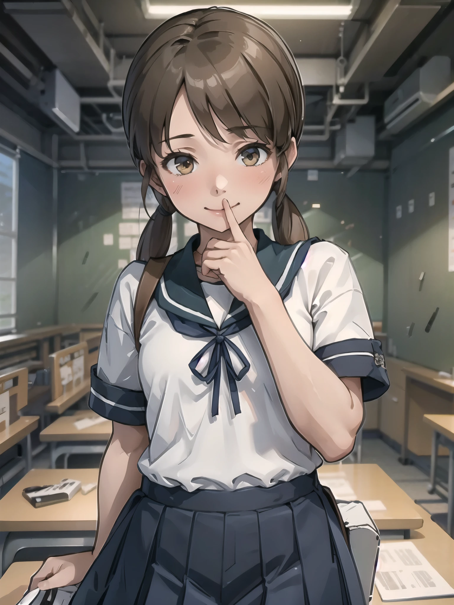 shirayukiKC, low twintails, short twintails, (masterpiece, Best Quality:1.2),shape,8k, high definition, one girl playing pranks,Alone,White Sailor Suit, Short sleeve, smile, School_uniform,Pleats_skirt, (  Closeup Shots ), Slender body, Best Quality,  very detailed, masterpiece, 超 high definition, 8k,  Classroom Background , School