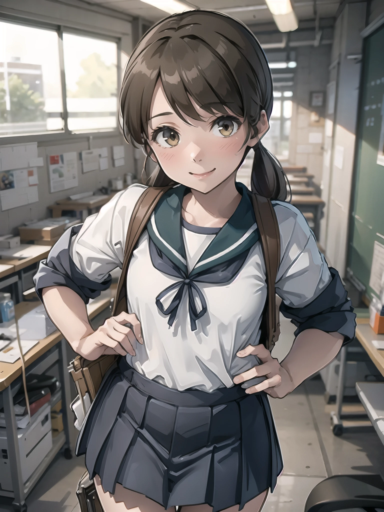 shirayukiKC, low twintails, short twintails, (masterpiece, Best Quality:1.2),shape,8k, high definition, one girl playing pranks,Alone,White Sailor Suit, Short sleeve, smile, School_uniform,Pleats_skirt, (  Closeup Shots ), Slender body, Best Quality,  very detailed, masterpiece, 超 high definition, 8k,  Classroom Background , School