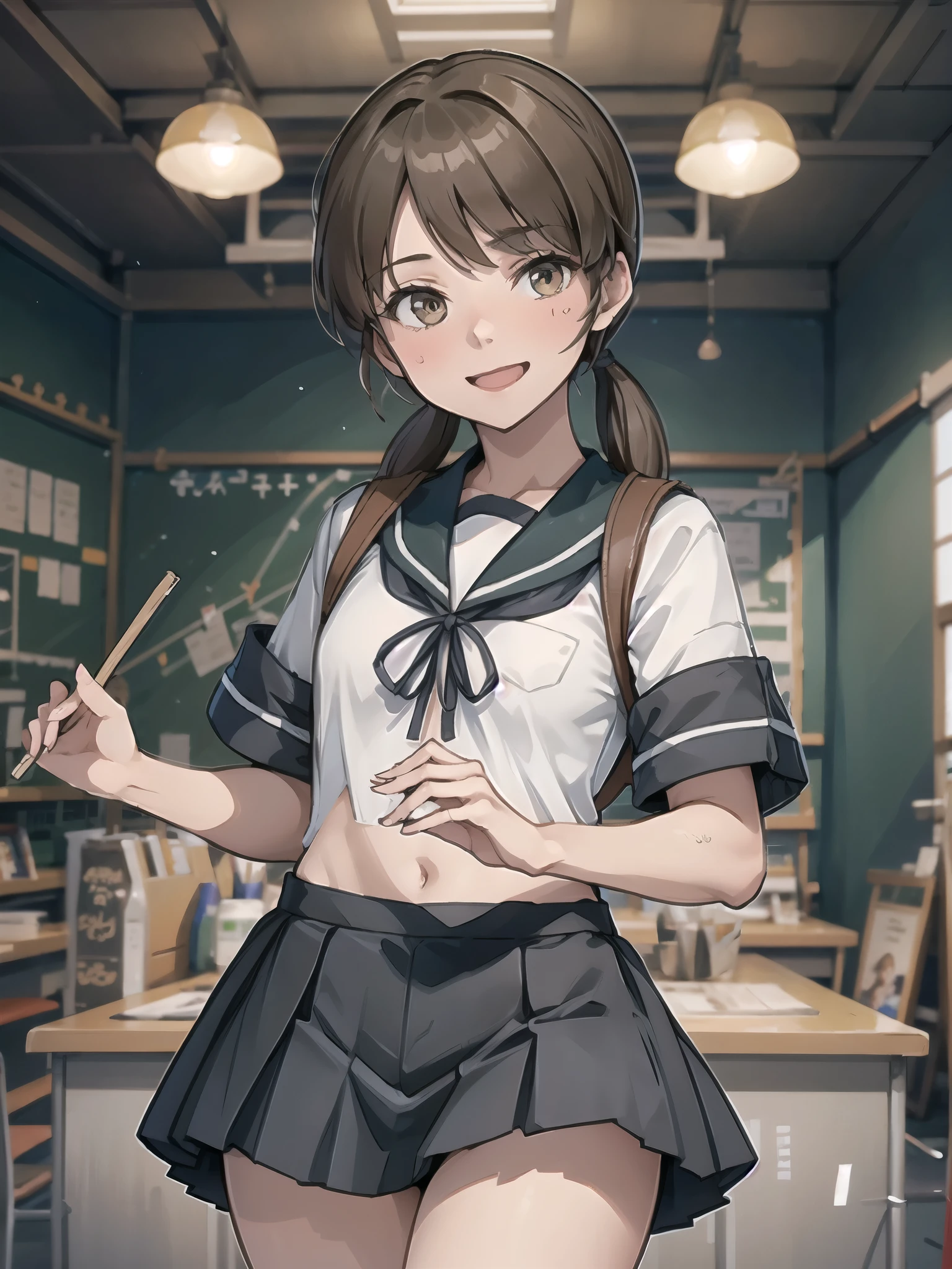 shirayukiKC, low twintails, short twintails, (masterpiece, Best Quality:1.2),shape,8k, high definition, one girl playing pranks,Alone,White Sailor Suit, Short sleeve, smile, School_uniform,Pleats_skirt, (  Closeup Shots ), Slender body, Best Quality,  very detailed, masterpiece, 超 high definition, 8k,  Classroom Background , School