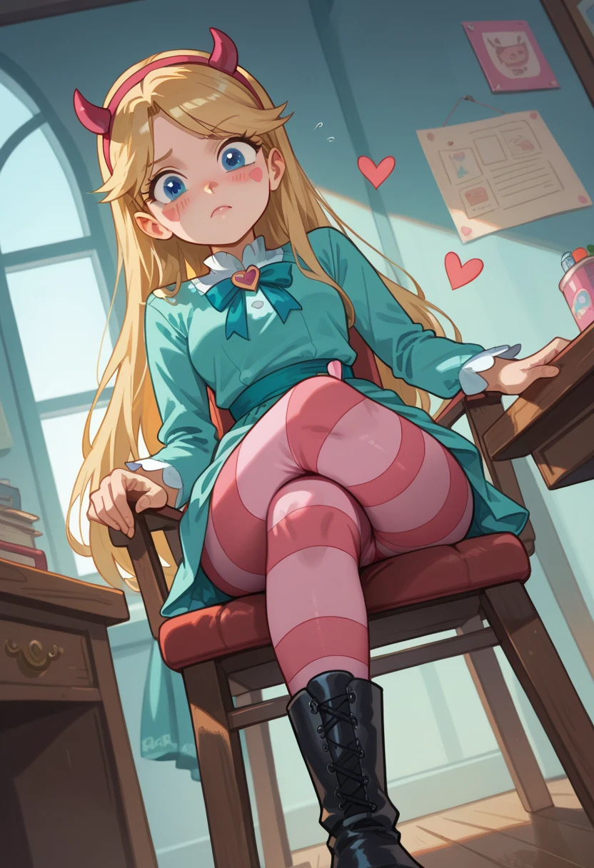 Masterpiece, perfect face, best quality, 1girl, starbutterfly, 1girl, blonde hair, horned headwear, hairband, long hair, solo, heart, blue eyes, facial mark, very long hair,teal dress,striped pantyhose,boots, blush stickers, visible pussy, legs crossed, sit on chair, dominant look, angle below