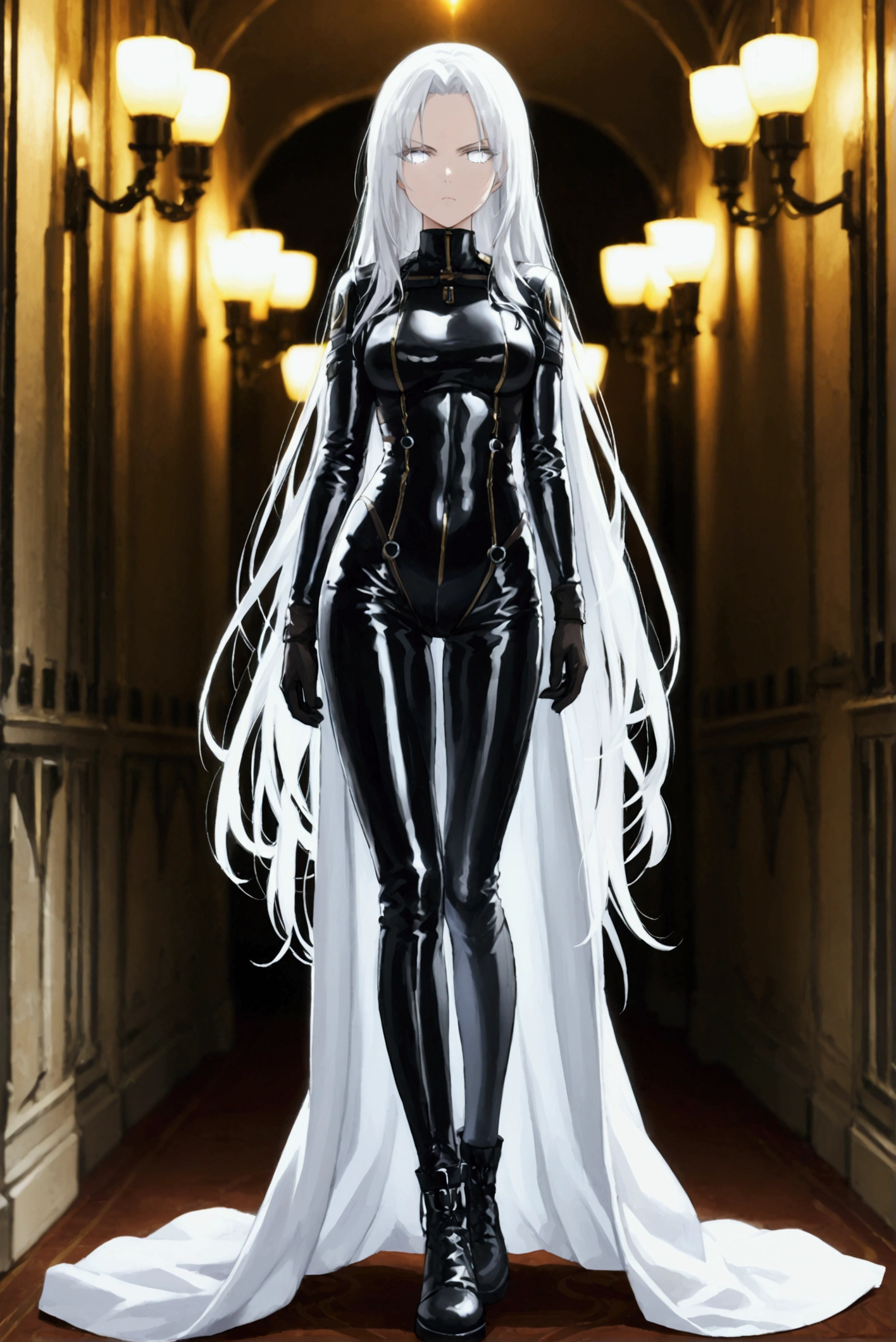 Full-length , anime , Serious look, White eyes,  long white hair,  in a black leather combat suit with a cloak , in black ankle boots, sexy, the girl is standing in the hallway illuminated by three torches, full-length pose