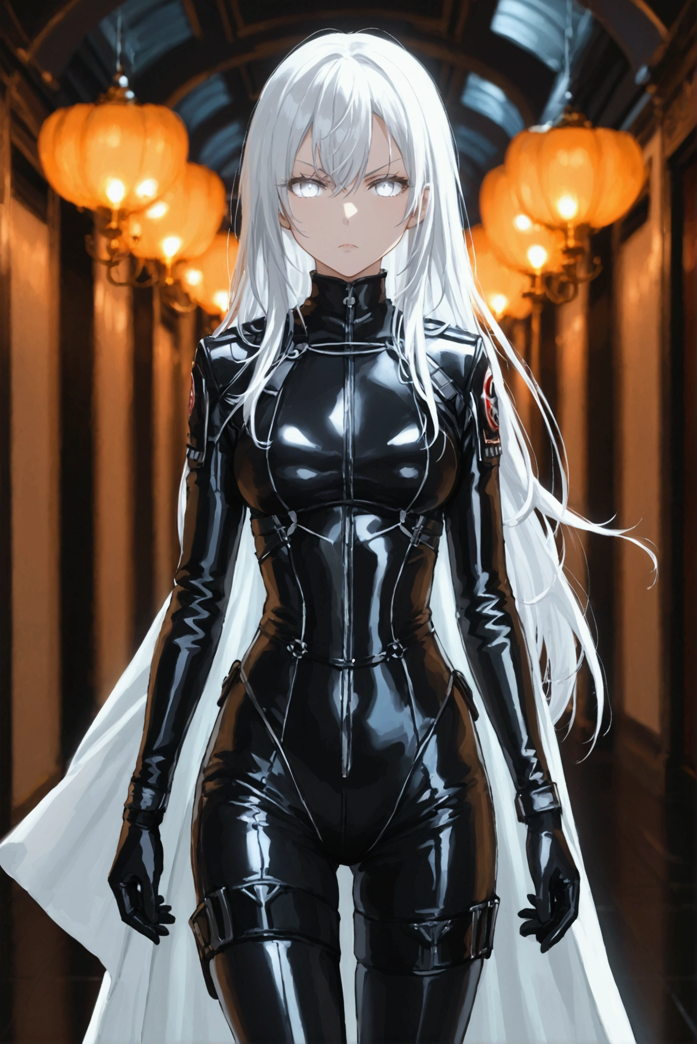 Full-length , anime , Serious look, White eyes,  long white hair,  in a black leather combat suit with a cloak , in black ankle boots, sexy, the girl is standing in the hallway illuminated by three torches, full-length pose