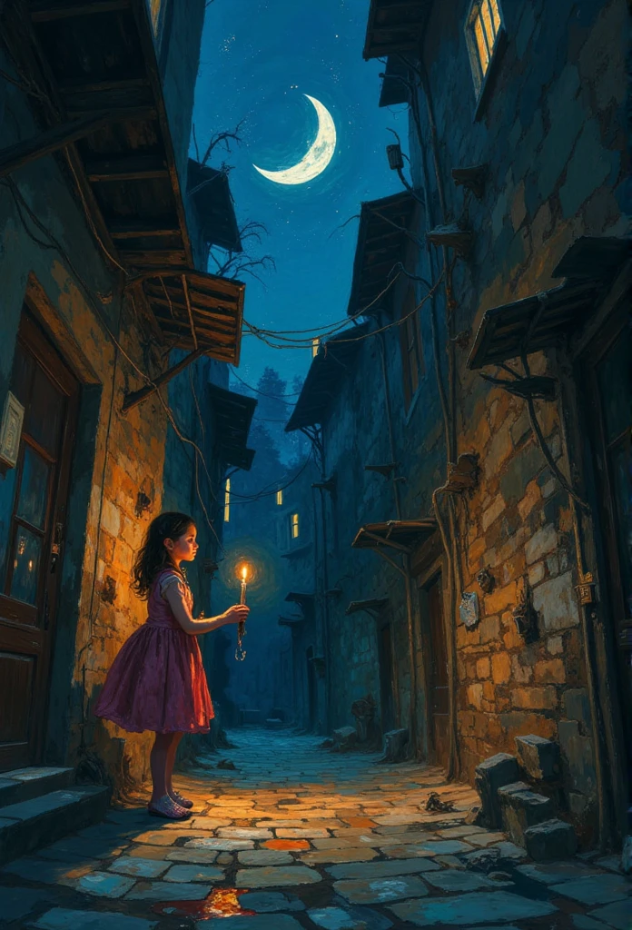 Mysterious Alley  、Crescent moon in the middle、 Girl holding a melting candle 、ロウソクの明かりに浮かび上がる、 a cobblestone mouse that rises in the candlelight looks at her、dim、 Contrast 、( Starry sky like the deep sea :1.5)、  dark surrealism 、 Dynamic Lighting 、professional、Amazing painting、  Uneven Paintings  、Rough Touch、DB4RZ style  