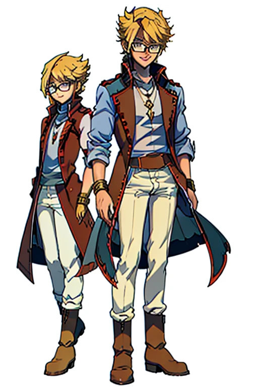 male, blonde short hair, blue eyes, (((1boy))), (((red sleeveless trench coat))), (black shirt), (red sash), (white pants), (tan boots), (gold bracelets), (necklace with gold pendant), (glasses), long legs, smiling