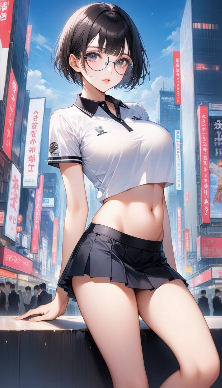 score_9, score_8_Excellent, score_7_Excellent, Realistic:1.2, realistic face and eyes:1.3, Realistic skin:1.3, Japanese idol photos, Beautiful young idol, 1, Perfect model body shape., tomboy, (very short hair, pixie cut, Black Hair), circle-glasses, (((Captivating beauty))), big eyes, double eyelid, Attractive eyes, Glossy Lips, perfect female body, Big Breasts:1.8, Cleavage, Firm stomach, (((belly button))), Round ass:1.4, Toned thighs, Beautiful hands and feet, very good, Polo shirt, Mini skirt, Seductive pose, Tokyo, Skyscraper Background, Attention to detail, Anatomically correct, Textured skin, high quality