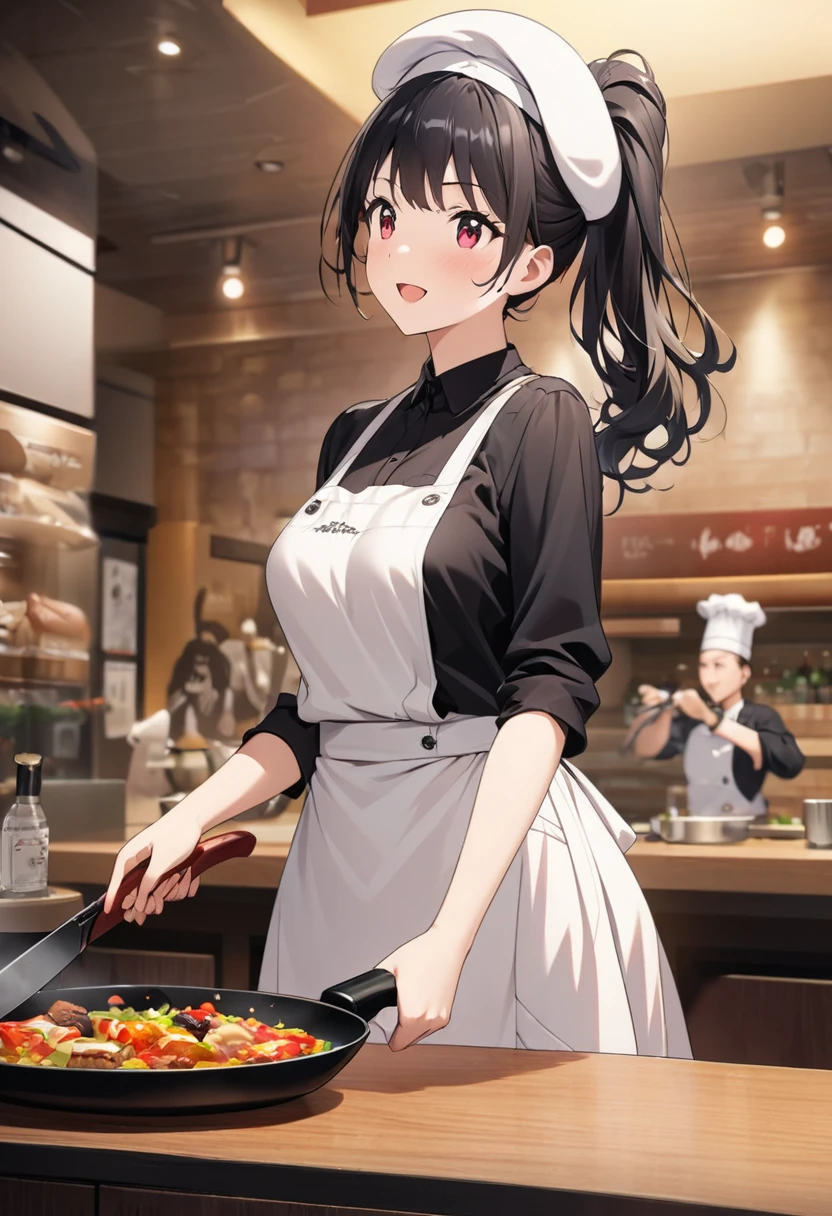 Beautiful girl 、Age 30、Best Quality、Ultra-precision、Detailed drawing、Restaurant chef、Frying pan、 black shirt、tie、Waist apron、Beret、Sharpness、 ponytail、Vivid colors、upright posture、front、 looking at the camera、A very ecstatic expression、Slender figure、Accurate depiction、 CG illustration、Beautiful figure
