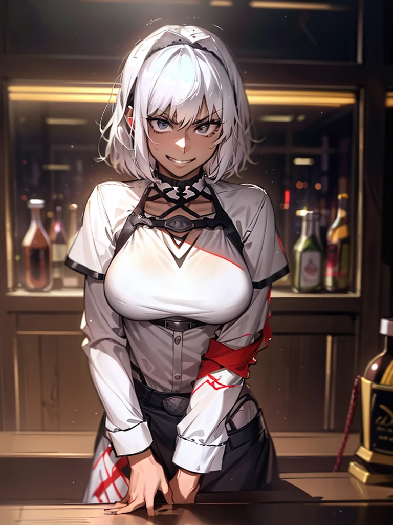 (​masterpiece, top-quality, hight resolution, Unity 8k, extremely details CG:1, Best Picture), upper body, whore, caenis, korotsuke style, A woman standing by the wall of a nightclub. She is lit by dark, colourful lights, reflecting the lively atmosphere of the club. A customer asks her, ‘Okay. Where would you like to fuck?’ The woman responds in a glamorous way. She is a ‘professional prostitute’ who responds in a matter-of-fact manner. grin