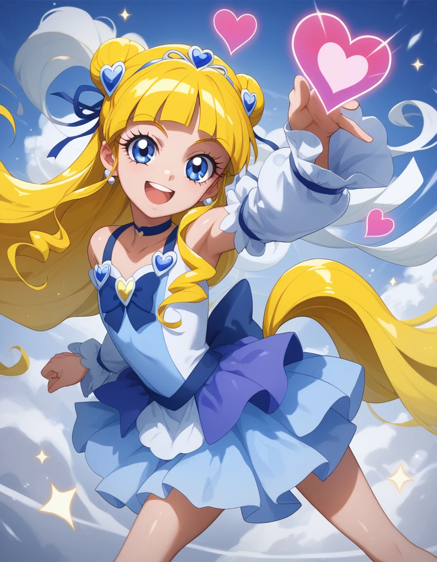  score_9,    score_8_up,    score_7_up, Coloring,   Anime Screen Capture ,     flat color    ,  godess magazine ,  shiny skin, ,   Cure Heart、Yellow Hair ,  long hair、,pony tail,,smile,,dynamic pose