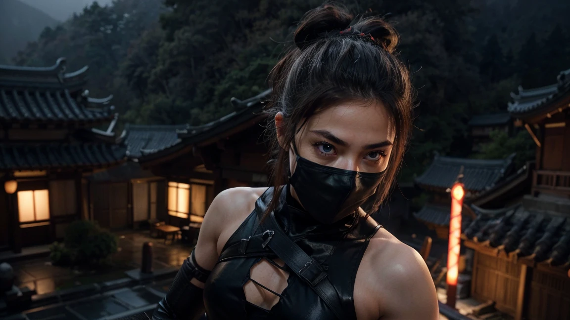 a highly muscular female Samurai with 1 katana, the upper coltes are made of net. transparent thorso, double hairbuns, detailed abs and muscles, dark outfit, ninja facemask, serious expression, glowing katana blade, dynamic action pose, on a chinese ancient roof, in a misty olde chines village at night dark moody lighting, cinematic angle, hyperrealistic, digital art, illustration