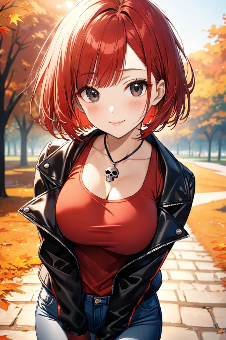 1 girl,(short bob hair,red hair,:1.6),red tanktop,black riders jacket,jeans,skull necklace,big black eyes,long eyelashes,Muscular、(F cup beautiful breasts)、25years old, (tall:1.2),height: 175cm,Sexy long legs,Fashion model body type,solo,smile、Shy、Shyness,Cool look,blush,Anime-style painting style,A composition that shows the upper body,front view,looking at viewer,cinematic lighting,Superfine,magnificent view、park、autumn,(morning:1.5)、(sexy) ,(closeup:1.5),dynamic angle