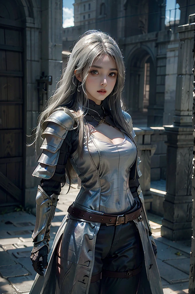  photorealistic,  high definition,  1 girl,  hip up , White long hair,  beautiful eyes,  Normal Breast , Dark Souls Style,  Knight Armor