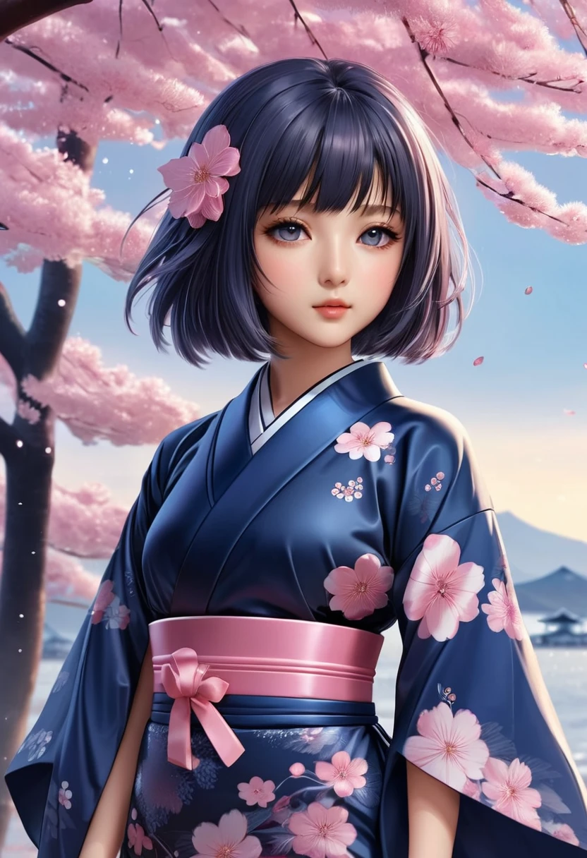 dark blue Sakura, masterpiece, crystal Bob, Grey Eyes, blunt cut, Japanese girl, full body view